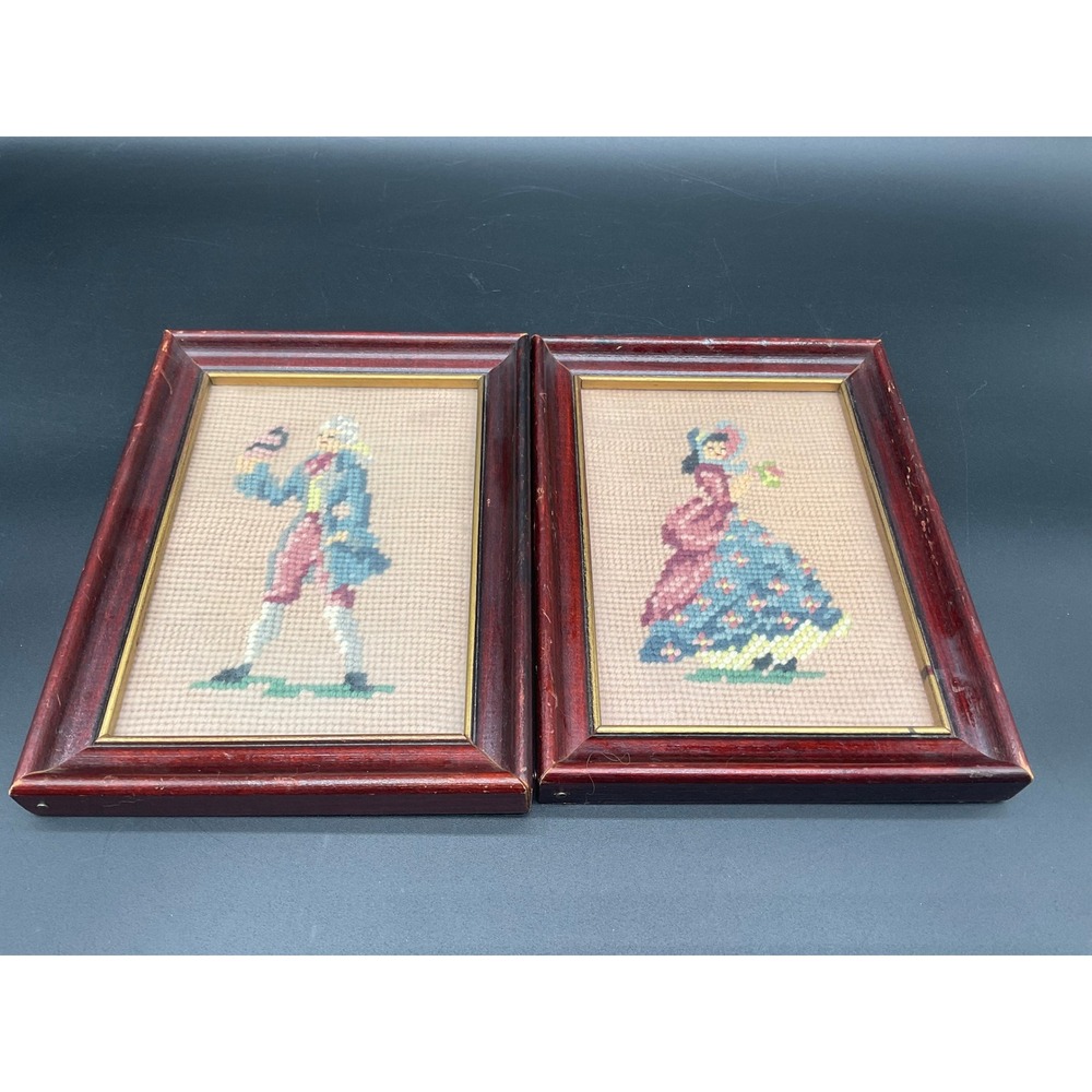 Vintage Framed Needlepoint Pair‎ Colonial Man and Woman in Rosewood Frames